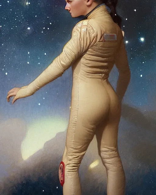 Image similar to a portrait painting of a shy, blushing 1 6 - year old astronaut resembling alicia vikander wearing a skintight spacesuit at night with a sky full of stars, intricate, elegant, highly detailed, artstation, concept art, by krenz cushart and artem demura and william adolph bouguereau and alphonse mucha