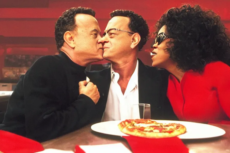 Image similar to tom hanks and oprah winfrey kissing in a quiet booth at pizza hut on a saturday night, realistic, red lighting, cinematic