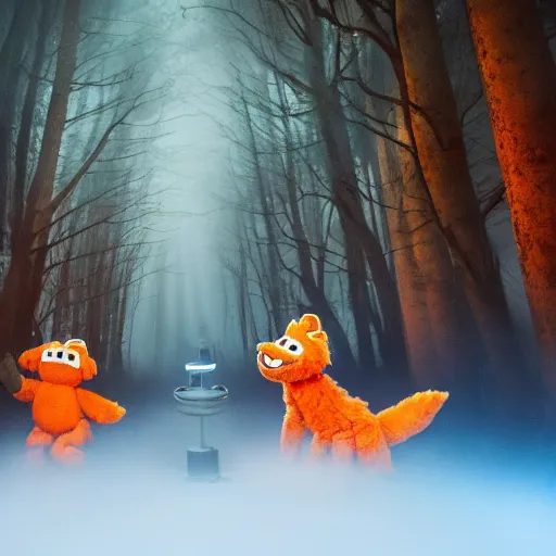 Prompt: a large orange fox kitsune two tailed muppet wearing a hooded cloak holding a lit torch and herding a bunch of random muppet animals following behind through a dark foreboding misty blue forest at night, sesame street, photograph, photography, ultrarealistic, national geographic