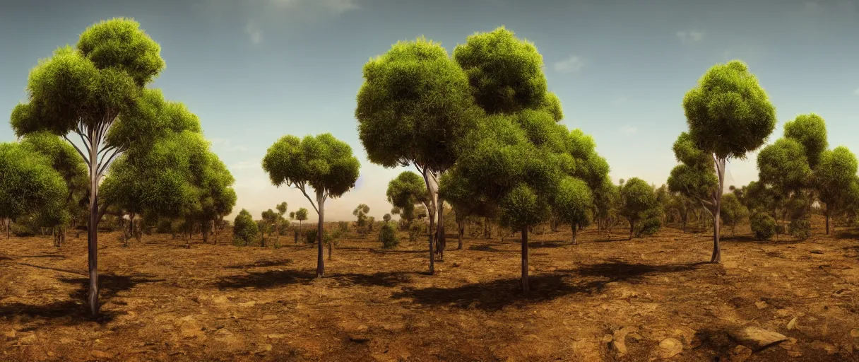 Prompt: realistic giant cannabis trees with cannabis leaves, converting the Australian desert to an oasis with streams, landscape, photo, concept art, universe in the sky, cinematic lighting, 4k, wide angle, warm tones, Australian Earth,