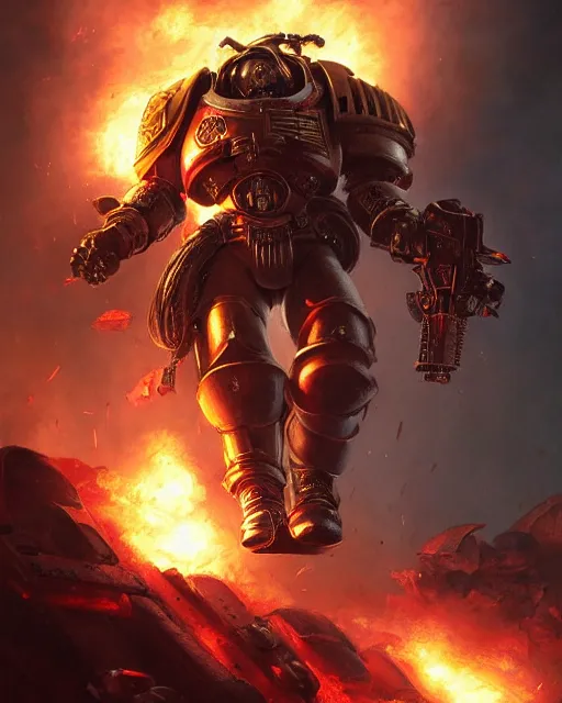 Image similar to space marine surrounded by explosions and burning buildings, sharp focus, hyper detailed, dark fantasy, warhammer 4 0 k, digital painting, by by artgerm and greg rutkowski and magali villeneuve