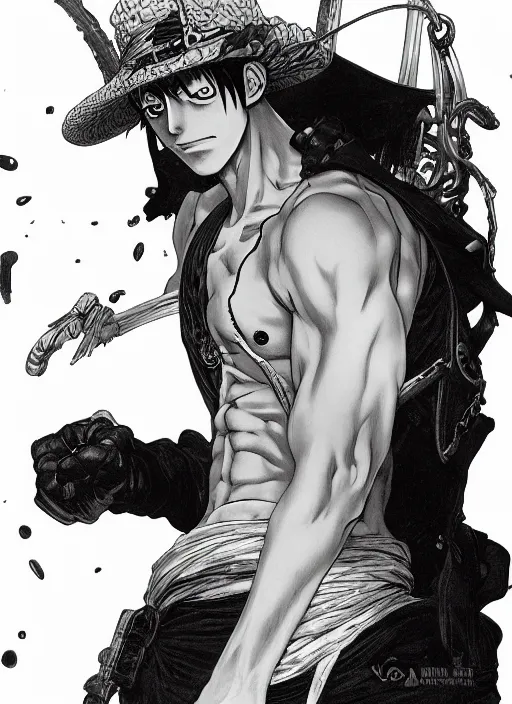 Prompt: detailed portrait of random one piece character card, dark and white, behance hd artstation, by moebius, alphonse mucha, ayami kojima, amano, greg hildebrandt, and mark brooks, masculine, male, art nouveau, neo - gothic, gothic, character concept design, dynamic light, stylised illustration, disco elysium, highly details