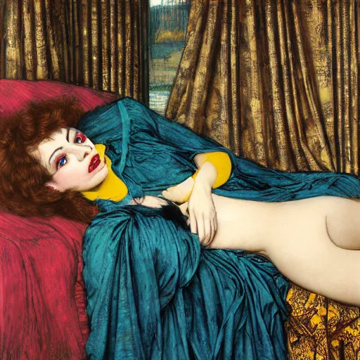 Image similar to hybrid of judy garland and lady gaga, brown fringe, large beautiful facial features, huge downslanted eyes, large full lips, full body shot, reclining bed cool stylish, yellow ochre ornate medieval dress, john william waterhouse, kilian eng, rosetti, john everett millais, william holman hunt, william morris, 4 k