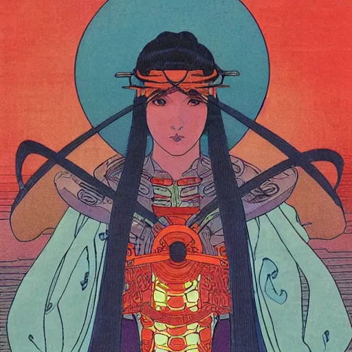 Image similar to a stunning portrait of a sci fi female oracle of flames by moebius hd wallpaper ukiyo - e oil on canvas matte illustration poster character art