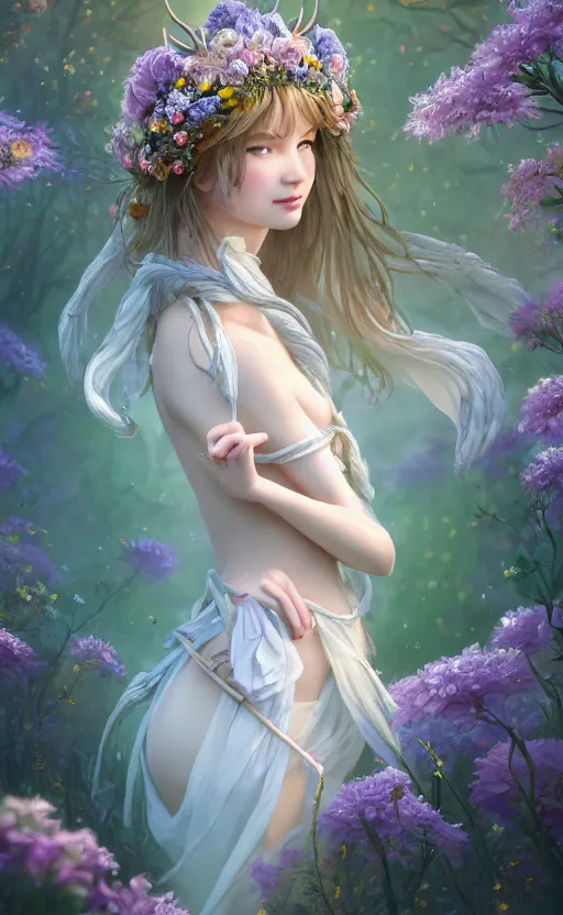 Image similar to A beautiful fantasy maiden, highly detailed full body, amazing flower tiara, wearing aristocrat robe, delicate figure, field of flowers, among foxes and deer, epic composition, ultra wide-shot, dynamic pose, concept art, beautifully lit, digital painting, smooth, character design, sharp focus, elegant, intricate, trending on artstation, by WLOP and James Jean and Victo Ngai
