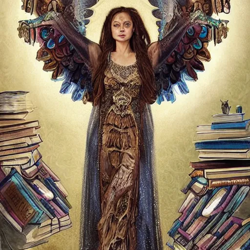 Image similar to a portrait of ornella muti as the goddess minerva surrounded by stacks of books, and owls, bioluminescent gown with deep level of detail of esoteric symbols, intricate, elegant, highly detailed, digital painting, trending on artstation, concept art, smooth sharp focus, illustration, art by artgerm and greg rutkowski