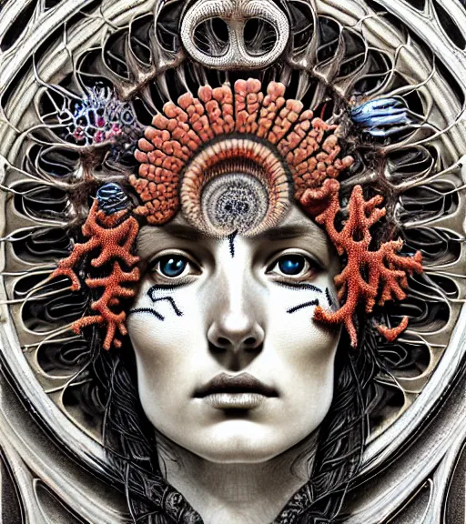 Image similar to hyperrealistic detailed face side portrait of the beautiful goddess of the fish skeletons with an intricate headgear of corals, sea kelp, sea plants, fish, starfish, jellyfish, art by ernst haeckel, john william godward, android jones, alphonso mucha, h. r. giger, gothic - cyberpunk, ornamental, beautiful deep colours,