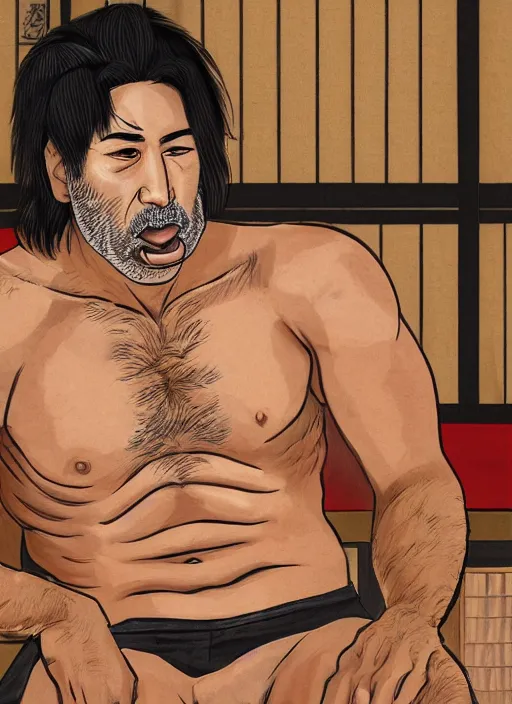 Image similar to muscular man sitting down with a popsicle in mouth, tan skin, stubble, black hair, hairy chest hair, detailed traditional Japanese house, drawn by Tetsuo Hara, 4K