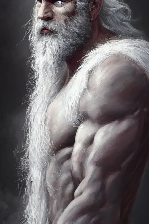 Image similar to painted portrait of rugged zeus, god of thunder, greek god, white hair, masculine, powerful, handsome, upper body, white robe, muscular, hairy torso, fantasy, intricate, elegant, highly detailed, digital painting, artstation, concept art, smooth, sharp focus, illustration, art by gaston bussiere and magali villeneuve