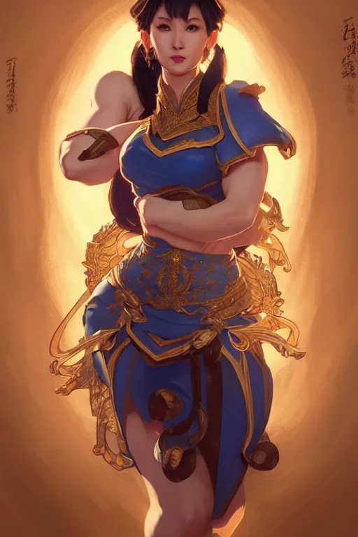 Image similar to beautiful chun li, full body shot, d & d, fantasy, intricate, elegant, highly detailed, digital painting, artstation, concept art, matte, sharp focus, illustration, hearthstone, art by artgerm and greg rutkowski and alphonse mucha