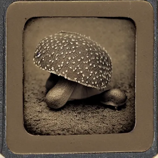 Prompt: tintype photo of frog mushroom