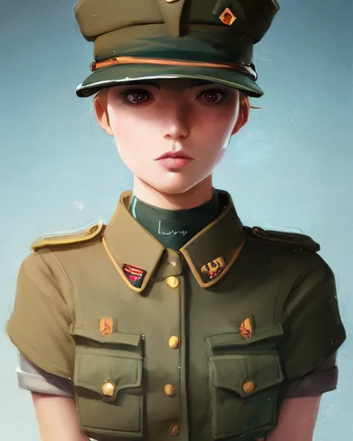 Image similar to symmetrical portrait bust of young woman with shoulder length light brown hair and hazel eyes dressed in a sharp dark teal military uniform and beret, anime, ilya kuvshinov, greg rutkowski, guweiz, ross tran, loish, svetlana tigai, artgerm, artstation trending, concept art, digital painting