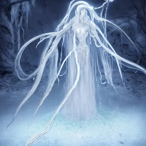 Prompt: concept designs of an ethereal ghostly wraith like figure with a squid like parasite latched onto its transparent skull and long tentacle arms that flow lazily but gracefully at its sides like a cloak while it floats around a frozen rocky tundra in the snow searching for lost souls and that hides amongst the frosted trees, this character has hydrokinesis and electrokinesis for the resident evil village video game franchise with inspiration from the franchise Bloodborne in the style of arcane the series on netflix