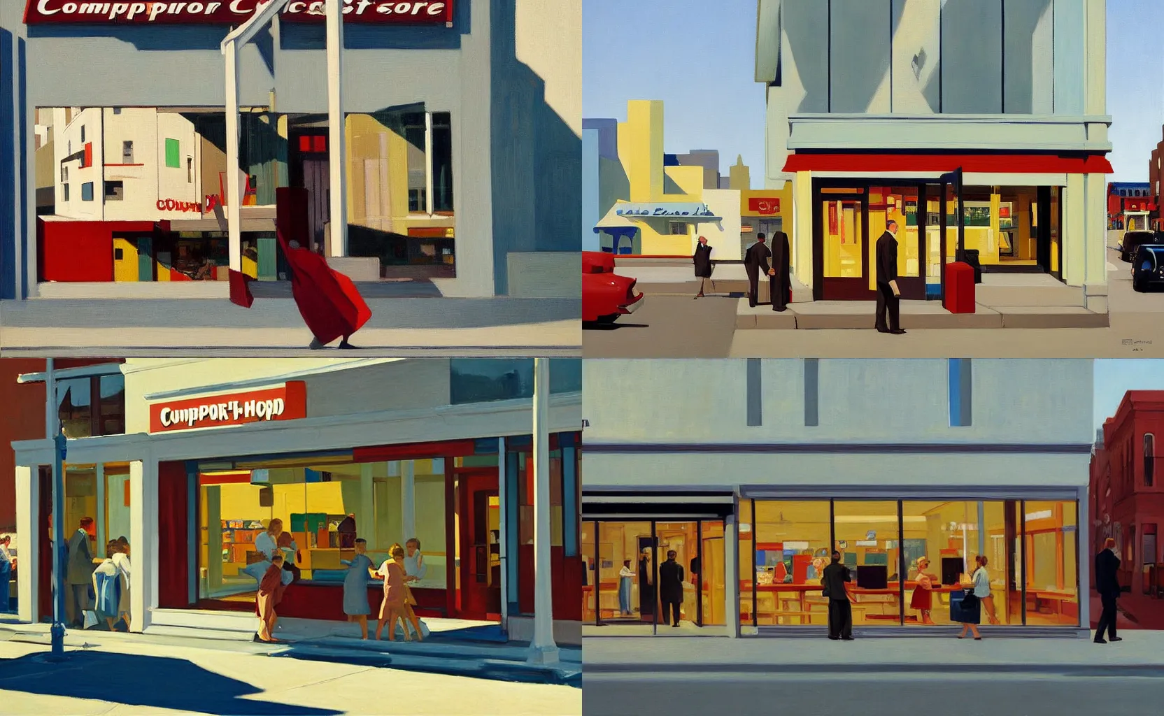 Prompt: the exterior of a computer store, painting by Ben Aronson and Edward Hopper