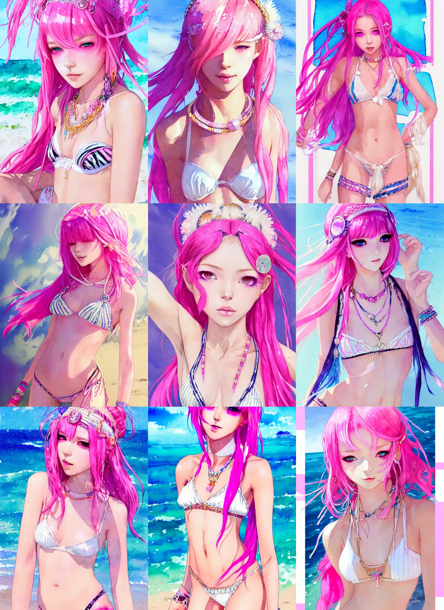 Prompt: portrait of a beautiful girl with pink hair with boho accessories, in white reflective bikini at beach, symmetry face, top lighting, cute - fine - face, ( watercolor ), seraphine ahri kda, art by hidari and krenz and wenjun lin and starember and kuvshinov ilya and kidmo and rossdraws and artgerm