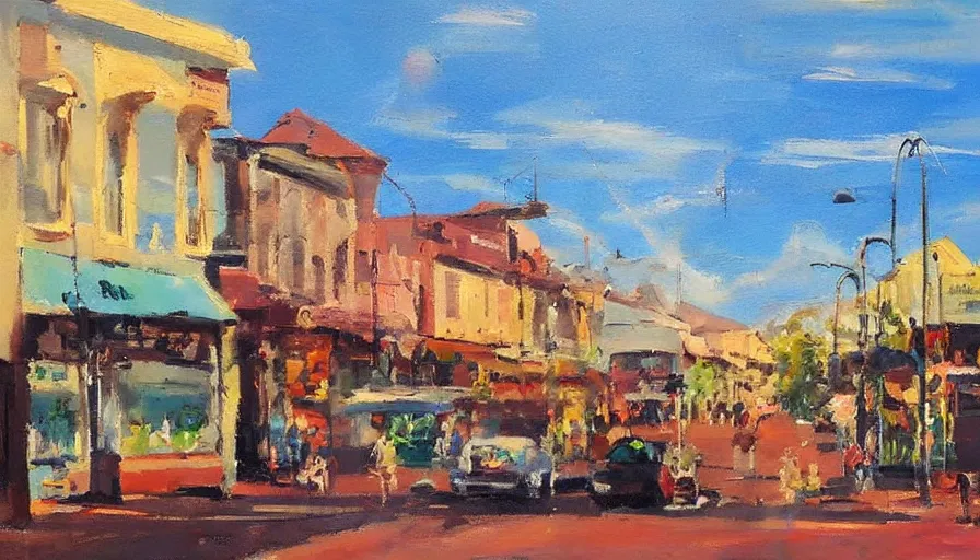 Prompt: painting by antoine blanchard of the main street in taree nsw australia