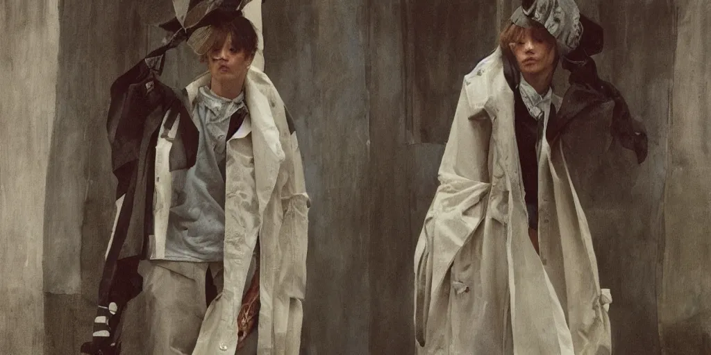 Prompt: A fashion shoot for streetwear by Margiela, painted in the style of Jules Bastien-Lepage