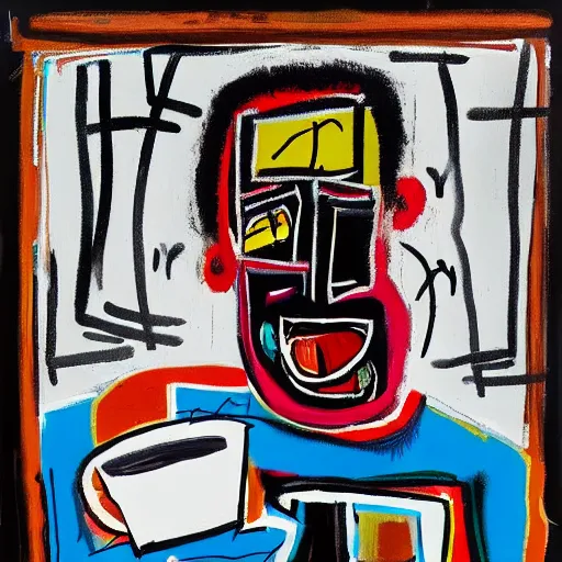 Prompt: Lazy morning. Sunlight is pouring through the window lighting the face of a young happy man drinking a hot cup of coffee. A new day has dawned bringing with it new hopes and aspirations. Painted in the style of Basquiat, 1981