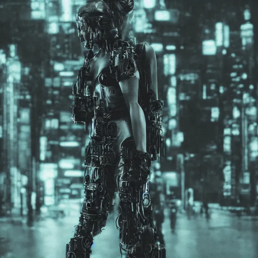 Image similar to full body portrait of a beautiful guard hiding her chest with her arms, dystopian cyberpunk detailed anamorphic 50mm lens