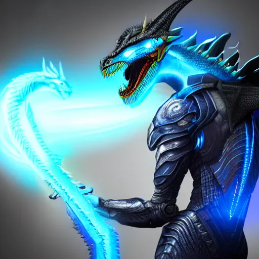 Image similar to young male cyborg with a dragon - inspired suit, dragon head, dragon wings, dragon tail, wielding a blue flame, digital art, alien, rich iridescent colors, d & d, very detailed, symmetrical, 8 k hd, futuristic