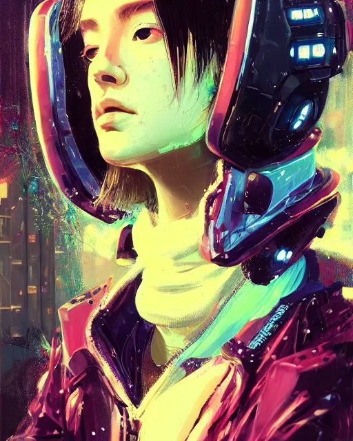 Image similar to detailed side profile portrait Neon Operator Girl, cyberpunk futuristic neon, reflective puffy coat, decorated with traditional Japanese ornaments by Ismail inceoglu dragan bibin hans thoma greg rutkowski Alexandros Pyromallis Nekro Rene Maritte Illustrated, Perfect face, fine details, realistic shaded, fine-face, pretty face