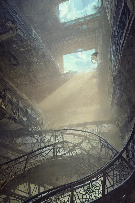 Image similar to i climb up on the endless stairs inside this decayed hitech brutalist building, rays of lights breaking through the holes in the walls, ruined litter, monumental, global illumination, by rhads and ferdinand knab and makoto shinkai and alphonse mucha