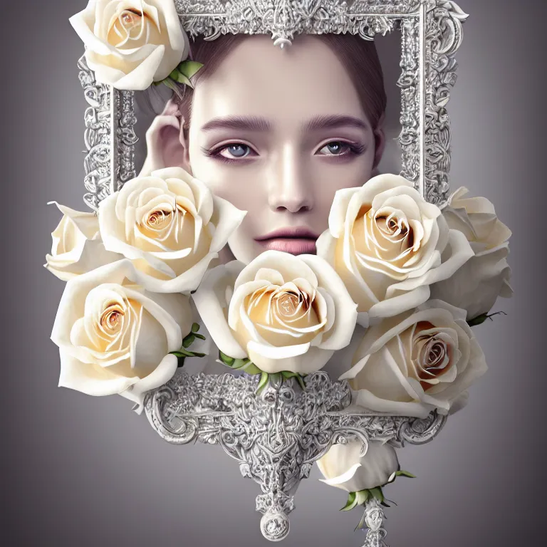 Image similar to wonderful symmetrical princess with a clear skin ornate of cream liquid semi transparent white roses, 8 k gorgeous delicate cream detailed, accent white lighting, dramatic light, octane render