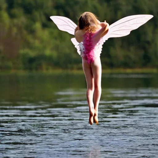 Image similar to flying fairy with wings timidly tipping toe into the center of a lake