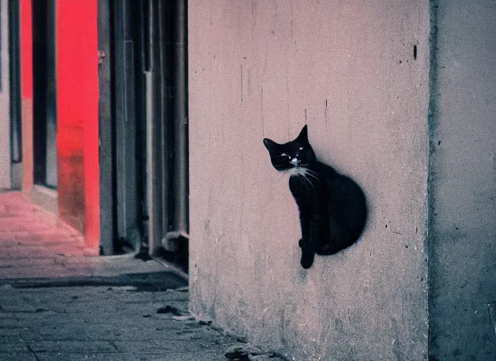 Image similar to photography of a Cat sitting on a box. in a cyberpunk street, award winning photo, 100mm, sharp, high res