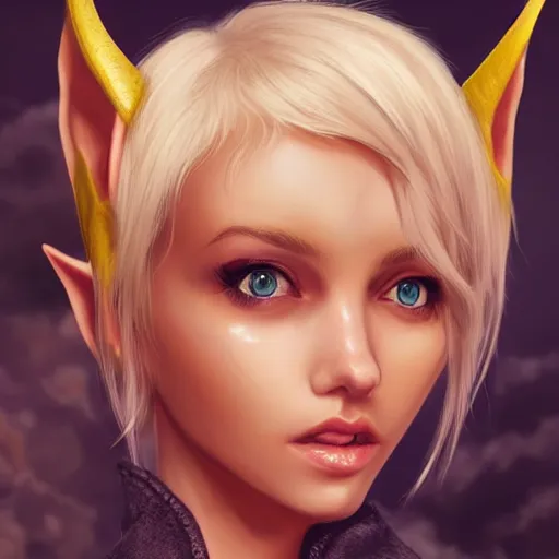 Prompt: close up headshot of a fantasy elf with short blonde hair, small ears and a flat jawline, character art, concept art, painting by Artgerm