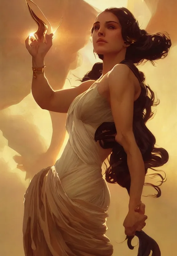 Prompt: Circe, posing heroically, heavenly, full body close-up shot, elegant, digital painting, golden hour, cinematic, epic, trending on artstation, concept art, smooth, sharp focus, illustration, art by artgerm and Greg Rutkowski and Alphonse Mucha