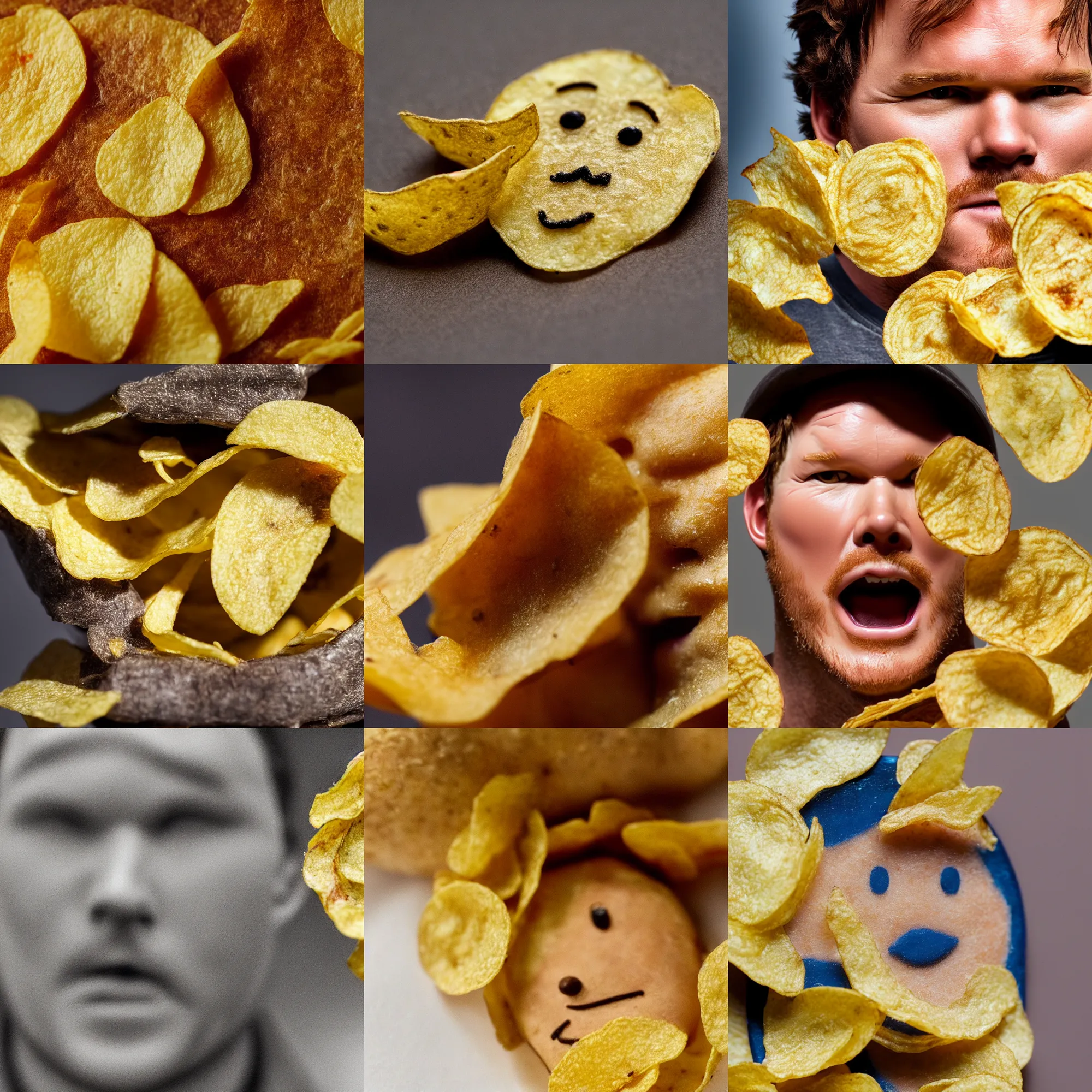 Prompt: potato chip that looks like chris pratt, chris pratt potato chip, macro shot, high detail photo, close up, cute, adorable