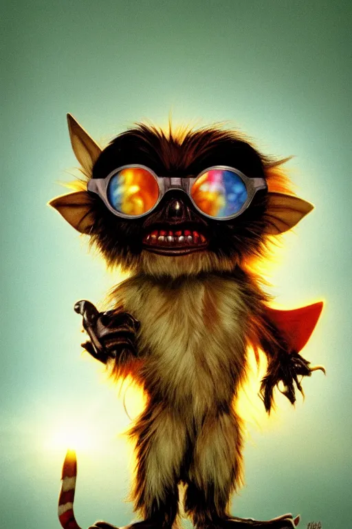 Image similar to colorful full body shot of gizmo (gremlins 1984), trending on artstation, trending on deviantart ,cinematic backlighting, 8k, hyper detail, studio disney