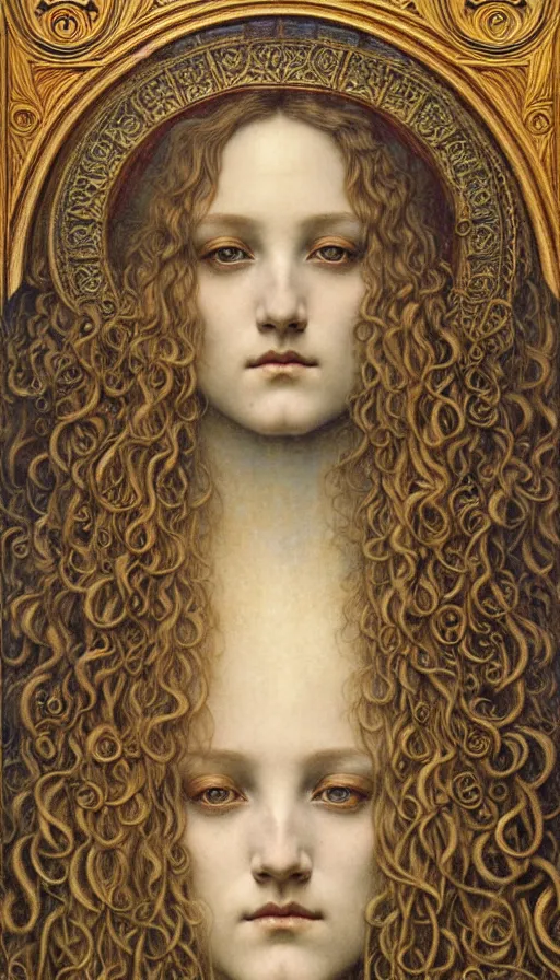 Image similar to detailed realistic beautiful young medieval queen face portrait by jean delville, gustave dore and marco mazzoni, art nouveau, symbolist, visionary, gothic, pre - raphaelite. horizontal symmetry