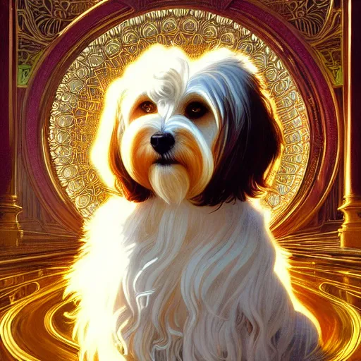 Image similar to beautiful detailed picture of a havanese, radiant light, art nouveau, intricate, elegant, highly detailed, my rendition, digital painting, artstation, concept art, smooth, sharp focus, illustration, art by artgerm and greg rutkowski and alphonse mucha