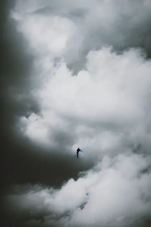 Image similar to agfa vista 4 0 0 photograph of a guy flying through the clouds, moody lighting, moody vibe, telephoto, 9 0 s vibe, grain, vintage, tranquil, calm, faded