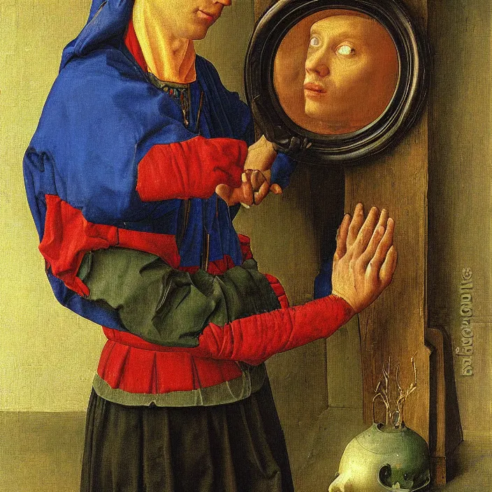 Image similar to blue crab man touching mirror. painting by jan van eyck