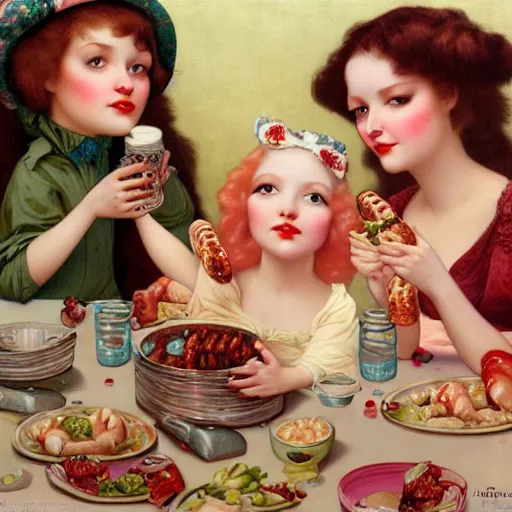 Prompt: closeup of 3 girlfriends, hot dogs and yogurt is a messy eating contest, wlop, elvgren, mucha, mark ryden