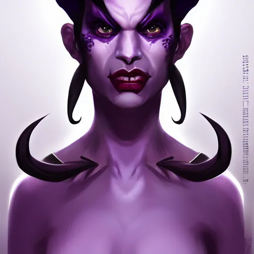 Prompt: a portrait of a tiefling with purple skin and black hair, symmetrical black horns stunning digital painting trending on artstation