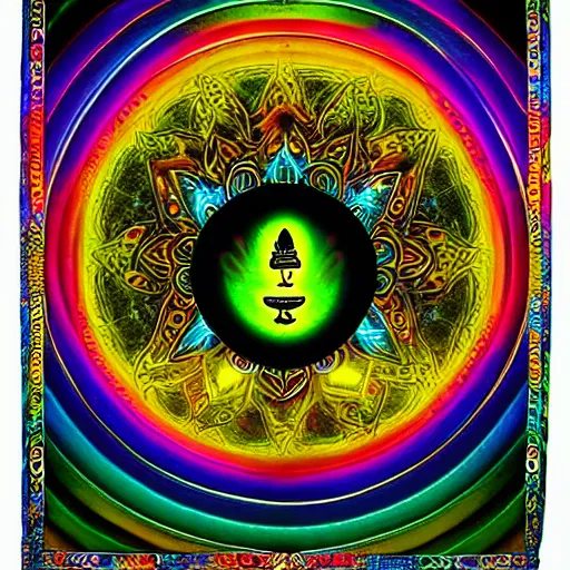 Image similar to rainbowcore, black buddha glowing, surrounded by lotus, with the sun shining with the moon, with detailed mandala filled with fractals, bioluminescence, glowing runes, de-noise, symmetrical composition, high detailed +, ornate border, 32k