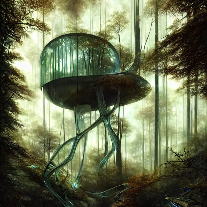 Prompt: modern futuristic all glass treehouse deep in ancient forest, dramatic lighting, fantasy, intricate, elegant, highly detailed, lifelike, photorealistic, digital painting, artstation, illustration, concept art, smooth, sharp focus, art by John Collier and Albert Aublet and Krenz Cushart and Artem Demura and Alphonse Mucha