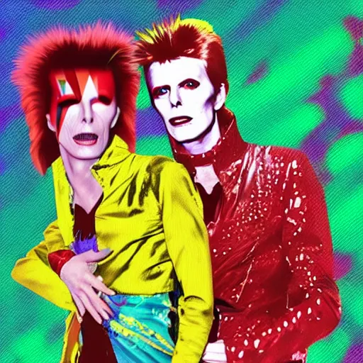 Image similar to david bowie getting a piggy back ride from ziggy stardust, digital art, glam rock. pop art background.