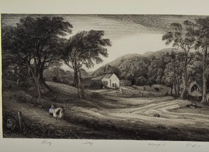 Image similar to a beautiful engraving print on paper of rural landscape with a farm