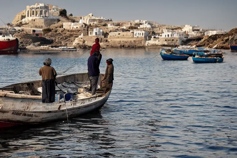 Image similar to cinematography Greek fisherman loading their boat by Emmanuel Lubezki