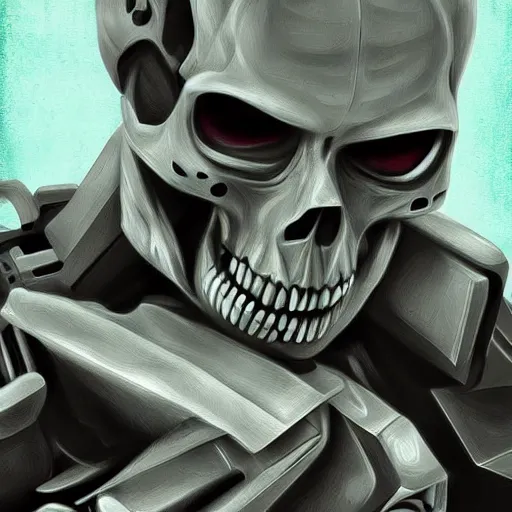 Image similar to cyborg skull crushed on table, digital painting , realistic illustration