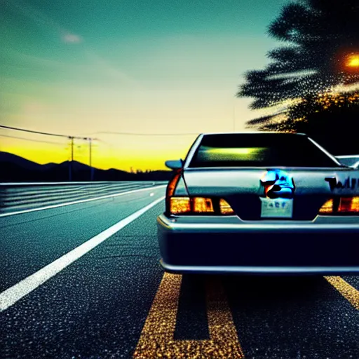 Image similar to a car drift spec toyota chaser in middle of road, gunma prefecture, city sunset night, cinematic color, photorealistic, highly detailed