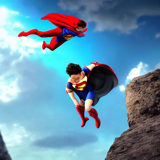 Image similar to a flying superhero catching a child that is falling from a cliff. photorealistic. realism. 4 k wideshot. cinematic. unreal engine. artgerm.