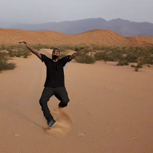 Prompt: kanye west breakdancing in the middle of the desert