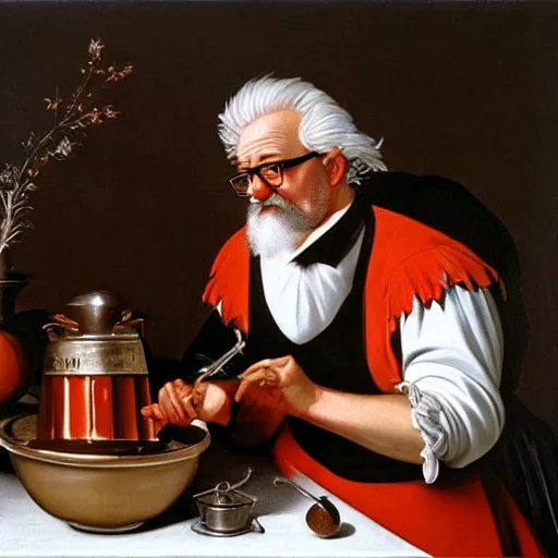 Prompt: Colonel Sanders shakes spices into a metal pot. Painted by Caravaggio, high detail
