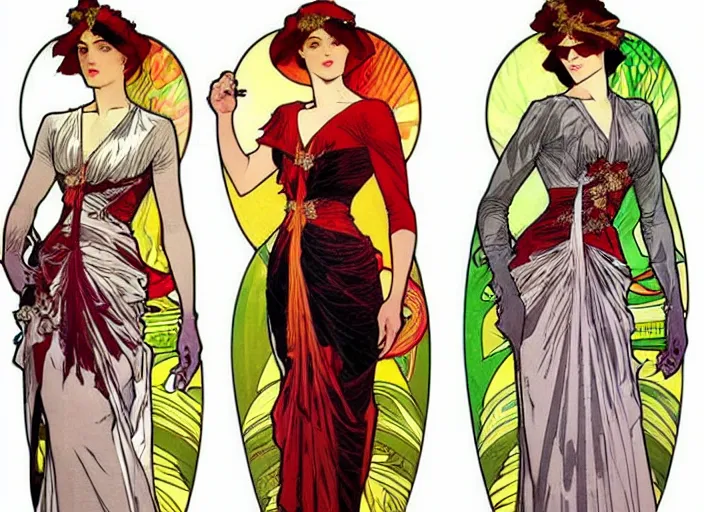 Prompt: 4 elegant full length daredevil comic dress designs with natural history prints designed by alphonso mucha